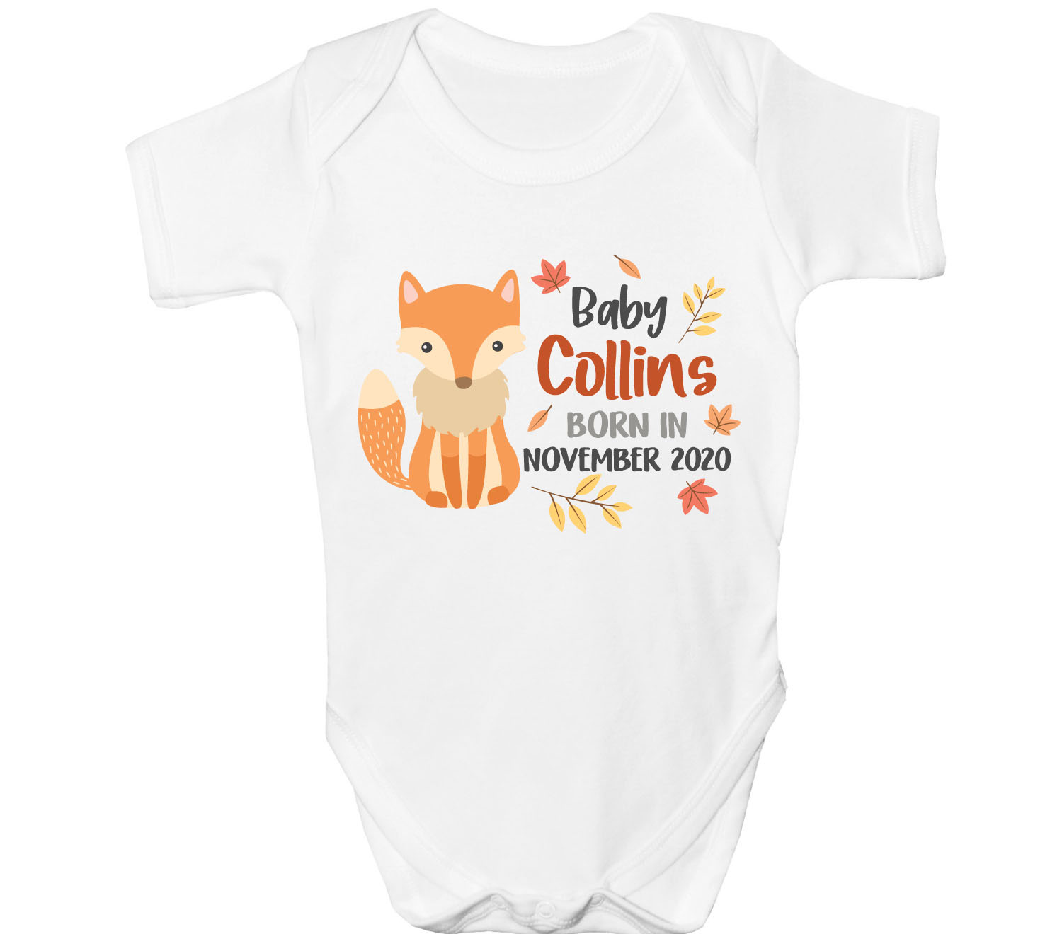 Personalised Fox Baby Grow Suit Announcement Vest Boy Girls Any Name Date Gift